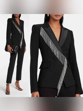 Veronica Beard Clarise Dickey Rhinestone Fringe Jacket Black Size 4